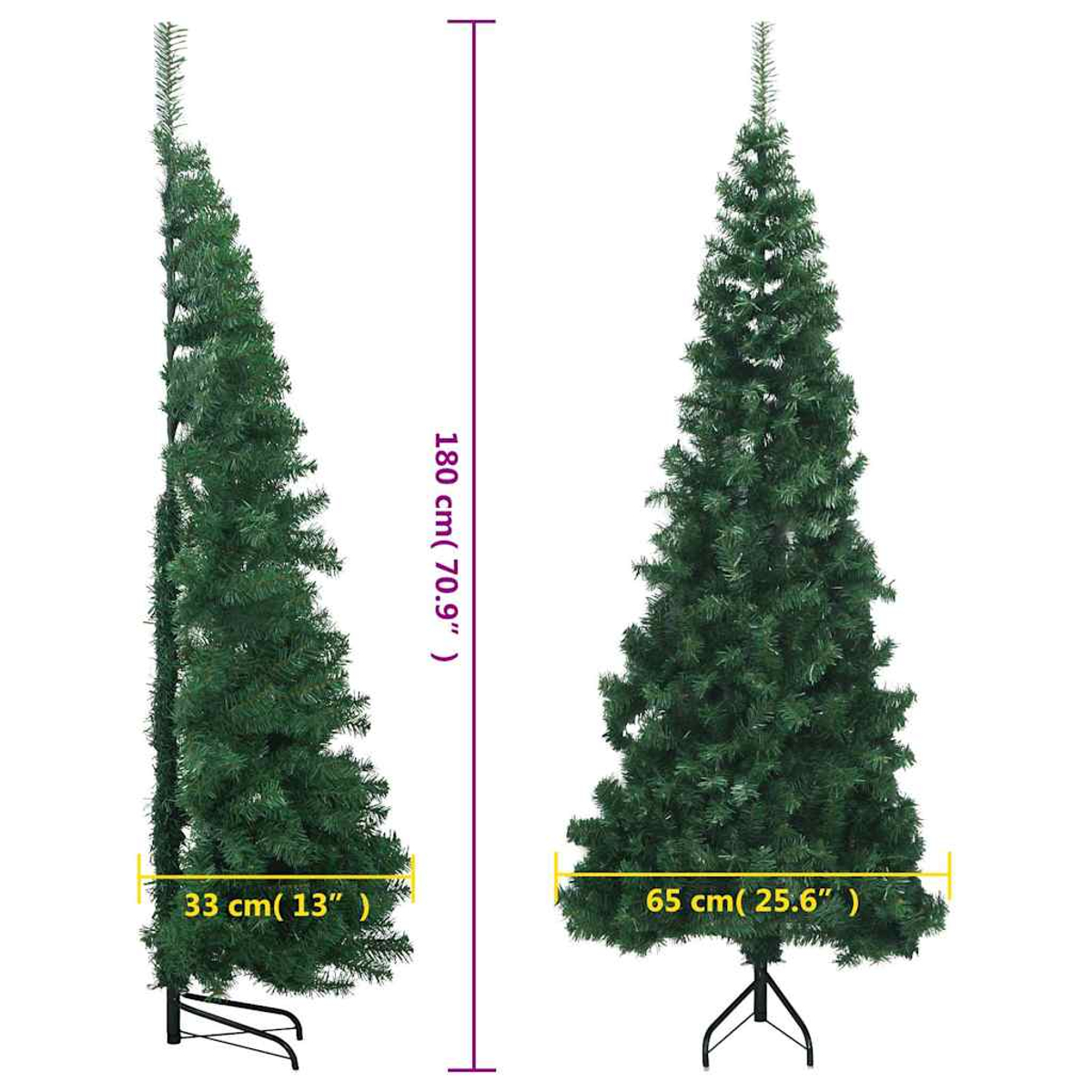 Zwei künstliche Weihnachtsbäume gezeigt. Einer ist 180cm hoch, 33cm breit. Andere ist 180cm hoch, 65cm breit.