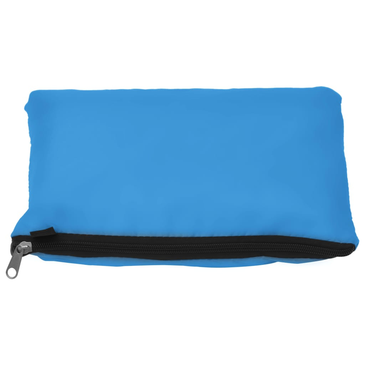Ein blauer Stoffbeutel mit schwarzem Reißverschluss, links geöffnet.