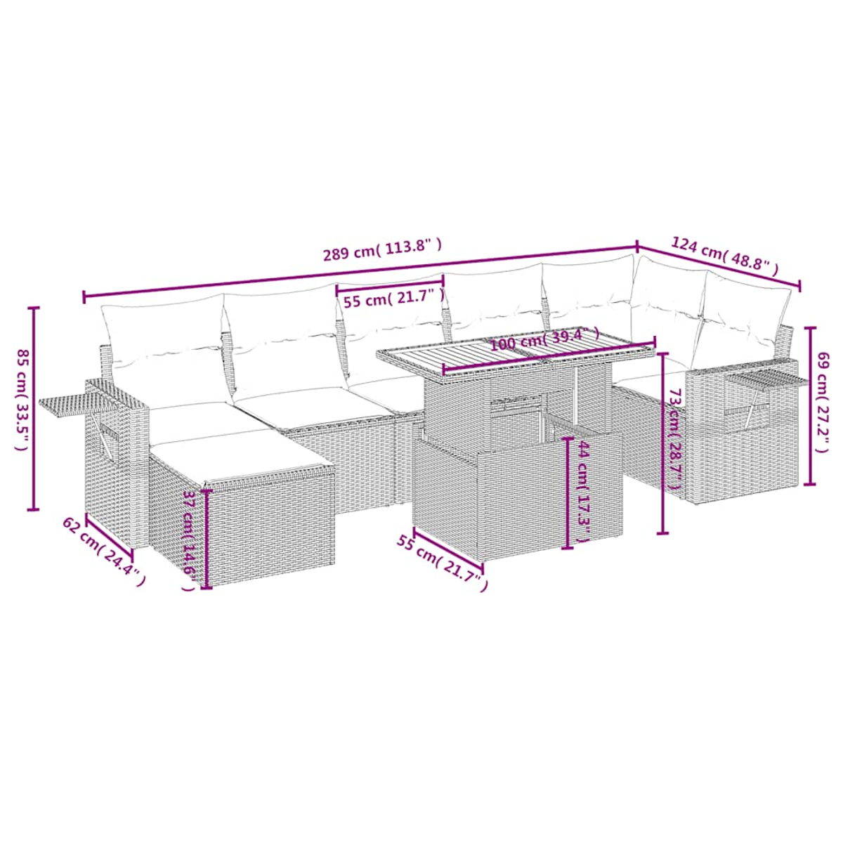 Diagramm eines modularen Outdoor-Sofasets mit Maßen in cm und Zoll.