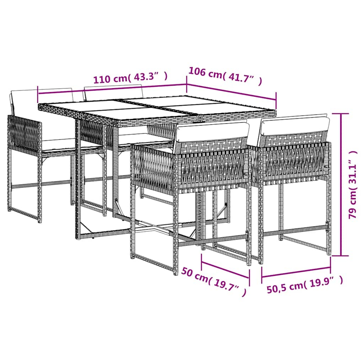 Set da pranzo da esterno in vimini con tavolo e quattro sedie, dimensioni indicate.