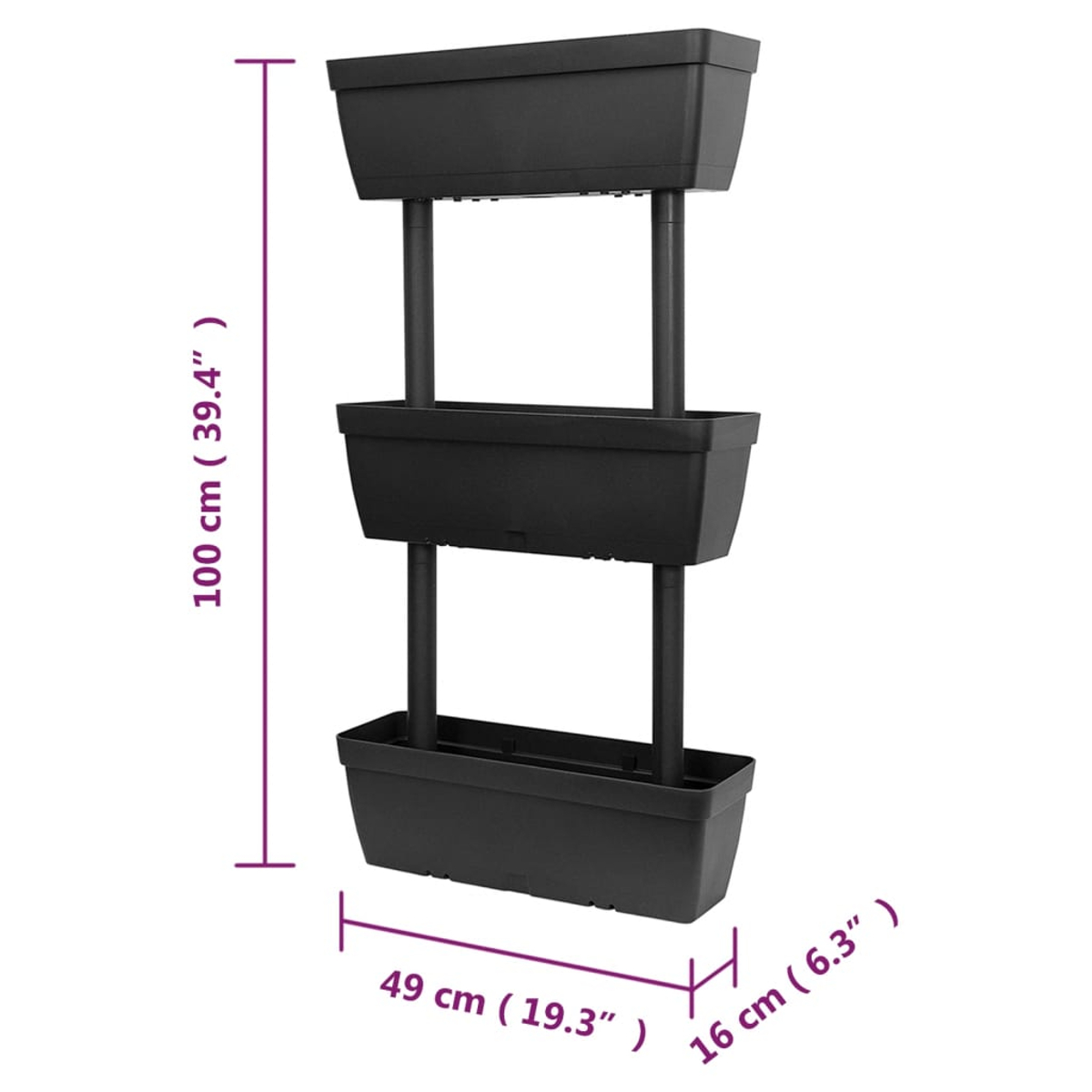 Schwarzes Pflanzgefäß mit drei Ebenen, 100 cm hoch, 49 cm breit.