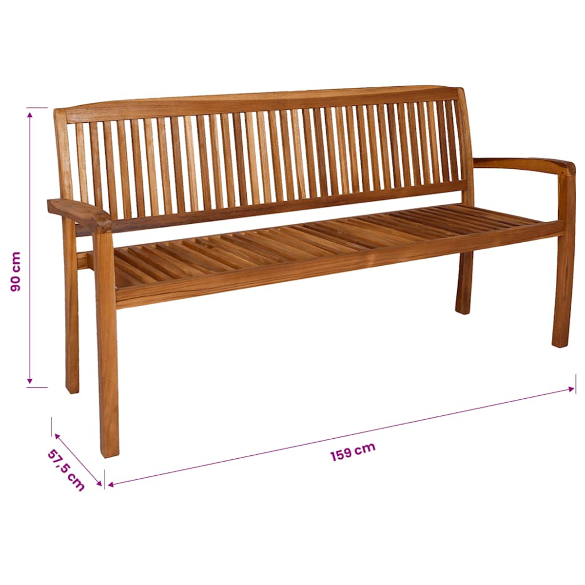 Holzbank mit Armlehnen, 159 cm lang, 90 cm hoch, 57,5 cm tief.