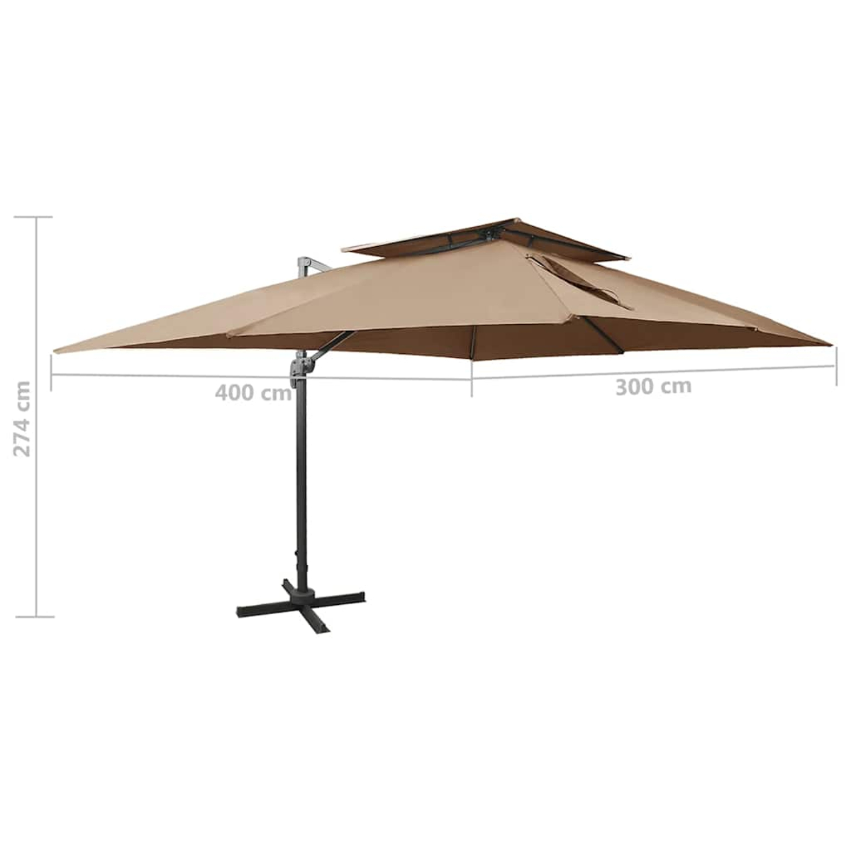 Un ombrellone a sbalzo beige con base nera. Vengono mostrate le dimensioni.