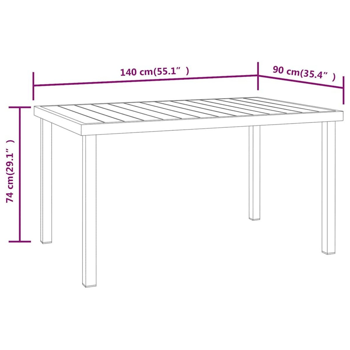 Umriss eines rechteckigen Tisches mit Maßen: 140cm lang, 90cm breit, 74cm hoch.