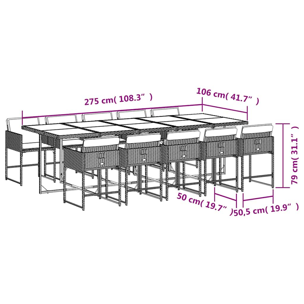 Set da pranzo con tavolo lungo e 8 sedie, dimensioni indicate.