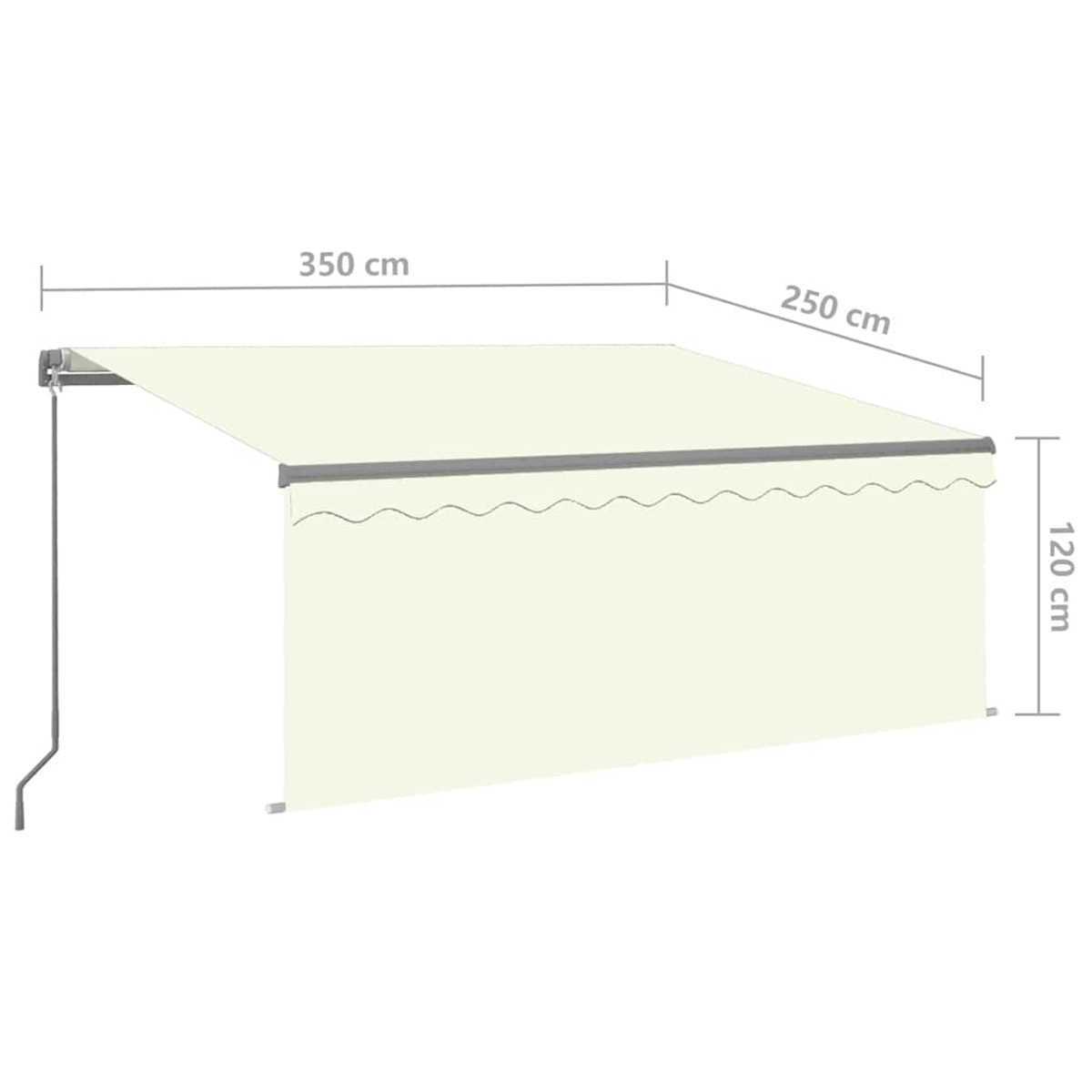Beiger Markise, 350cm breit, 250cm Ausladung, 120cm Höhe.