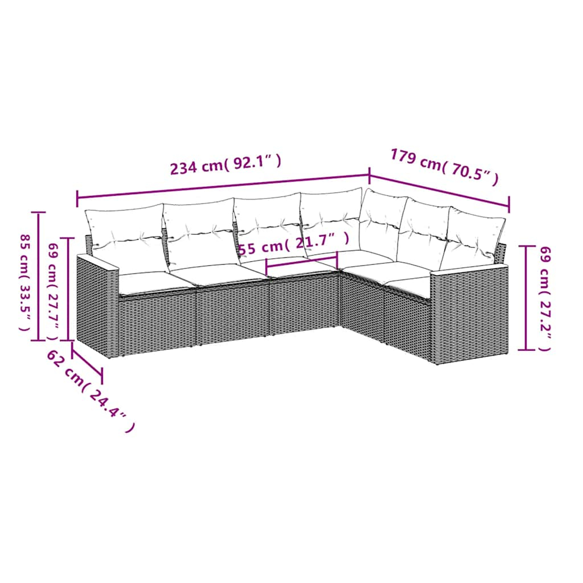 Ein L-förmiges Outdoor-Sofa aus grauem Rattan mit weißen Kissen, Maße sind angegeben.