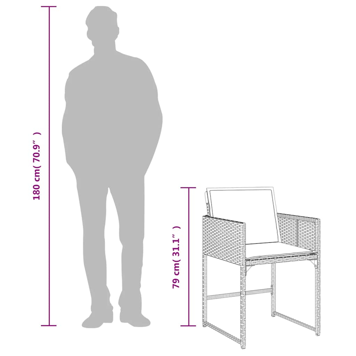 Eine stilisierte Silhouette eines Mannes steht neben einem Rattanstuhl mit Kissen.