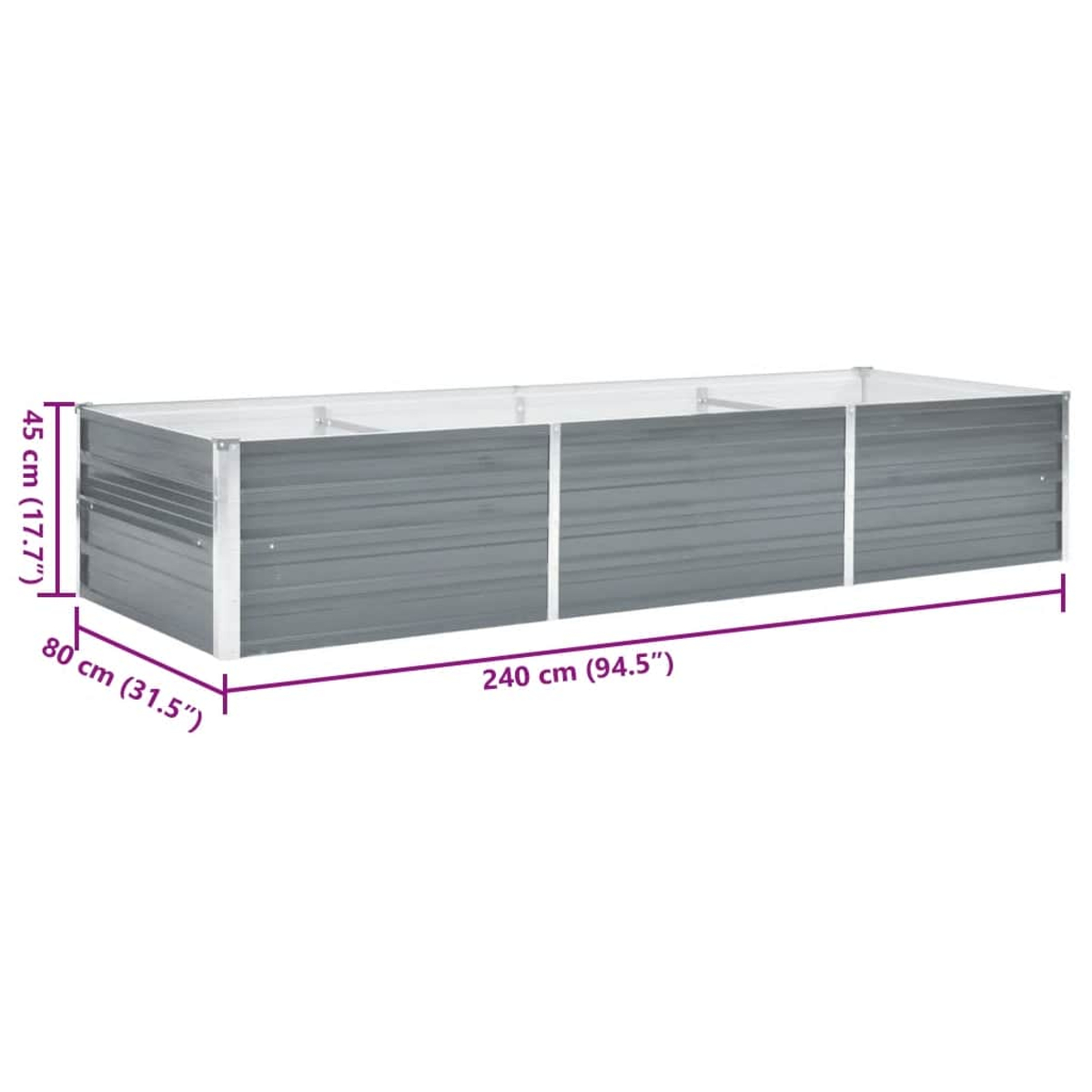 Grauer rechteckiger Hochbeet-Rahmen aus Metall, 240x80x45cm.