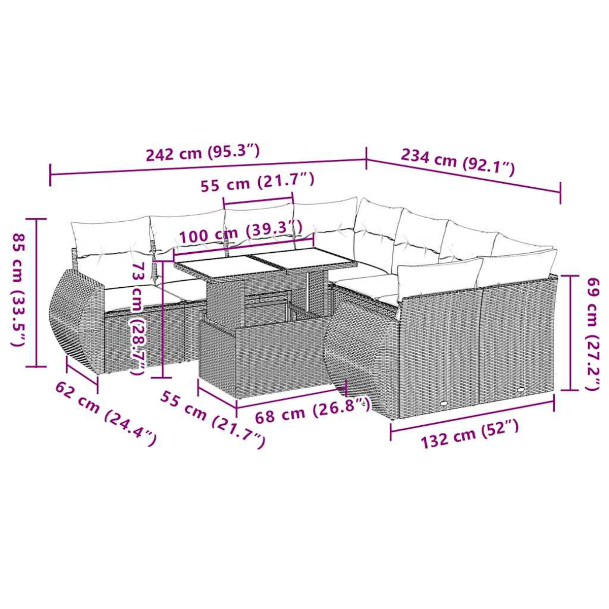 Diagrama de un sofá modular grande de mimbre gris para exteriores con cojines beige, mostrando dimensiones.