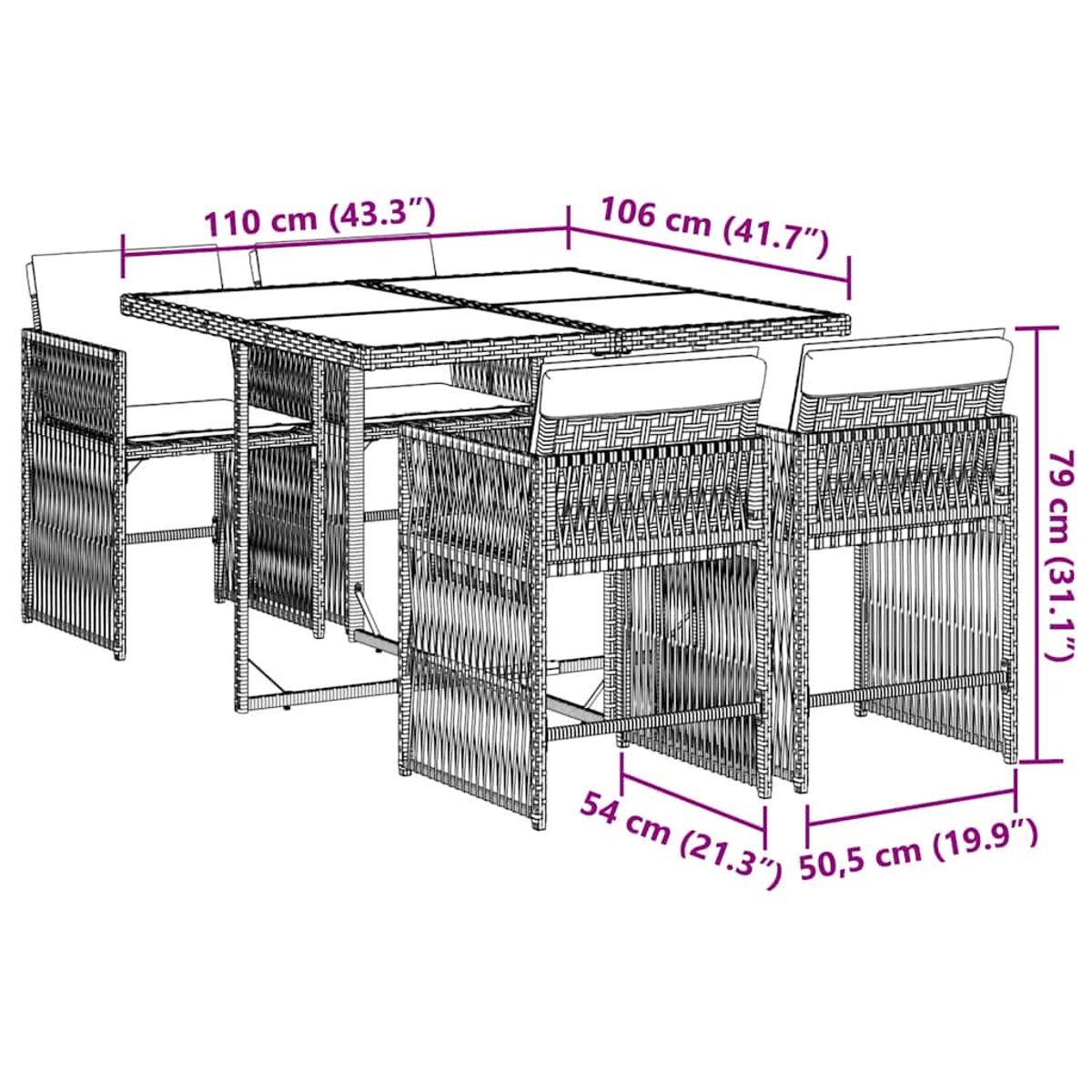 Un set da pranzo in rattan con quattro sedie e dimensioni indicate.