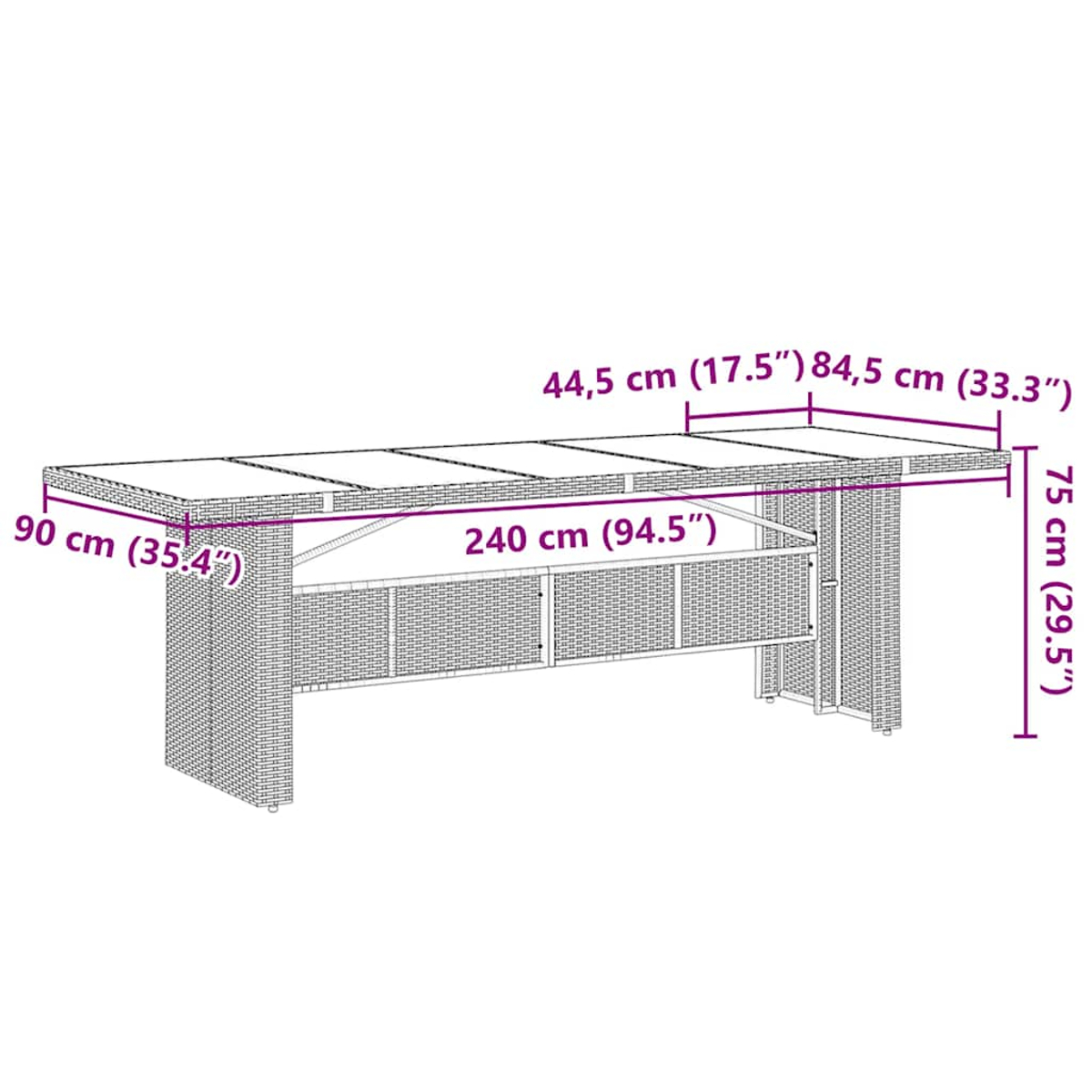 Ein grauer Tisch mit Maßen 240x90x75cm. Maße sind auf dem Bild angegeben.