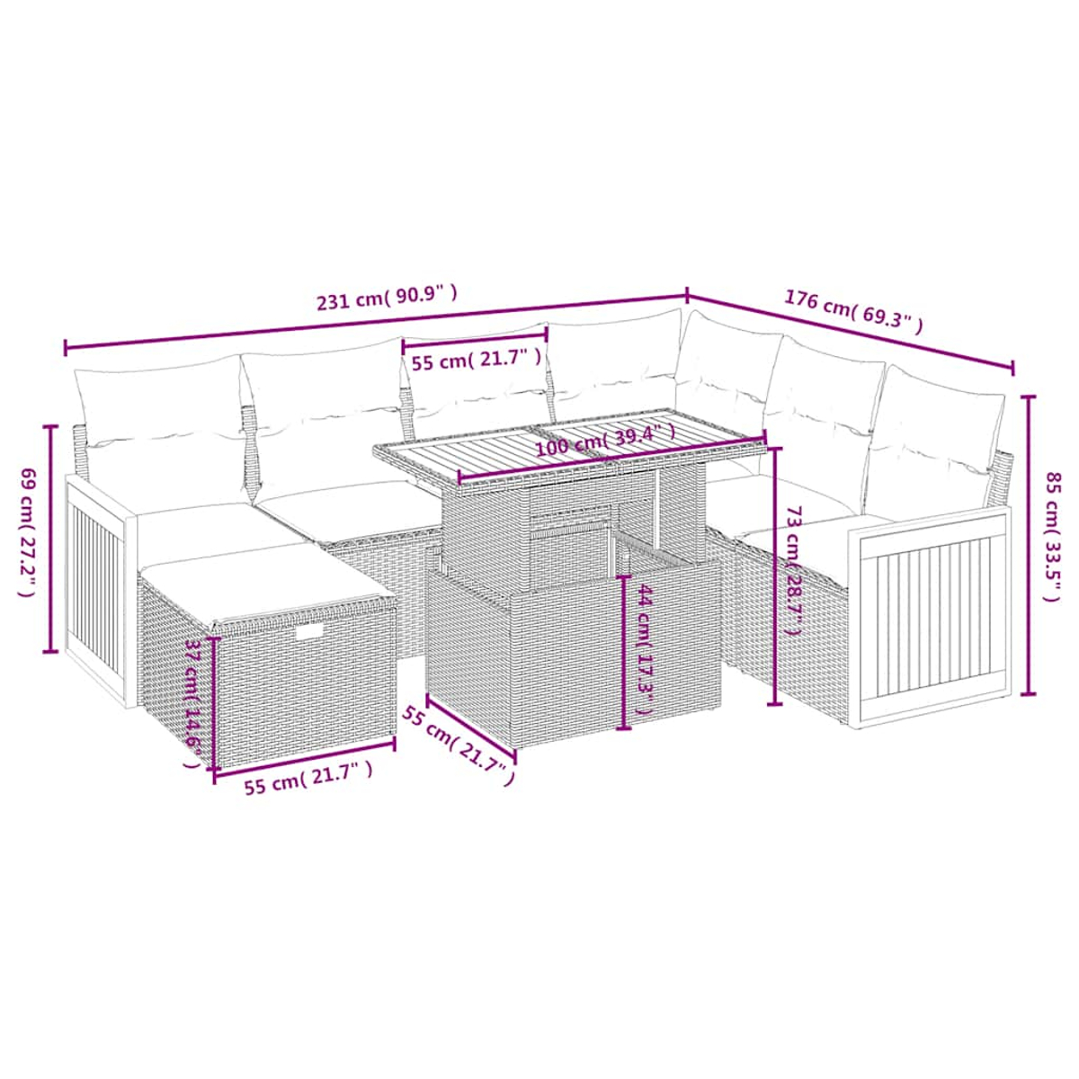 Geflochtenes Lounge-Set mit Tisch, Maße sind angegeben.