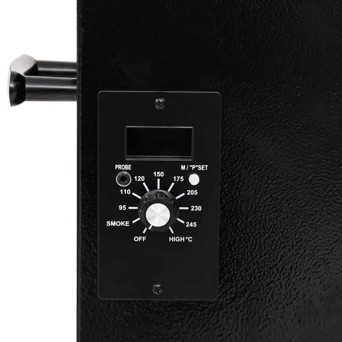 Pannello di controllo con selettore temperatura, display e pulsanti per affumicatore.