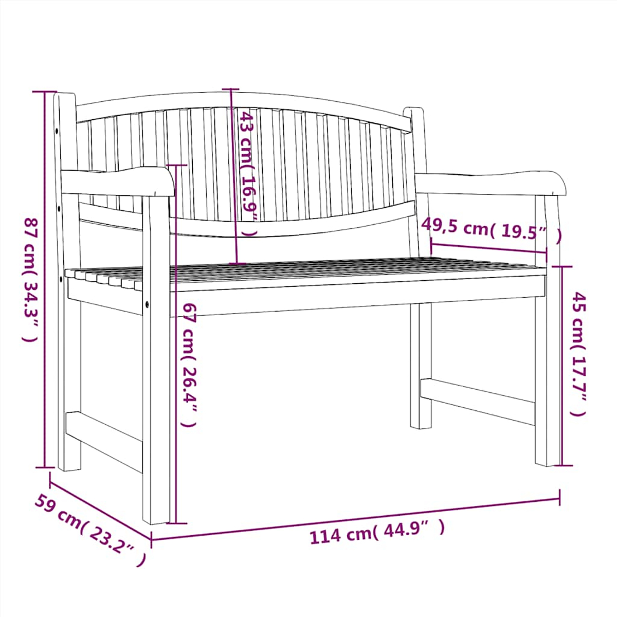 Holzbank mit Maßen: 114x59x87 cm. Sitzhöhe 45 cm.