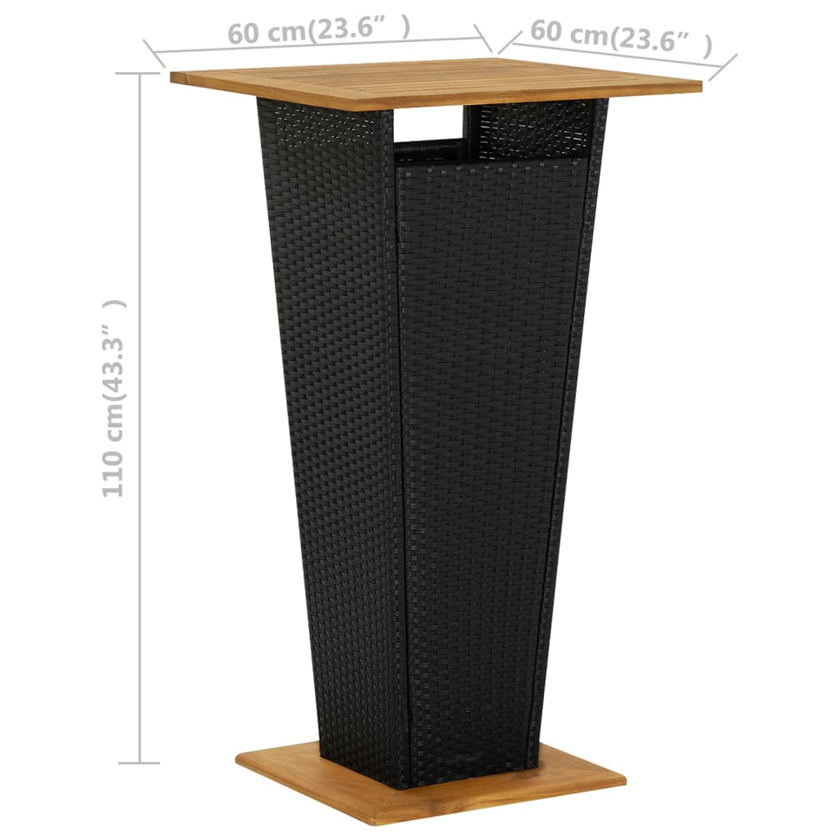 Ein schwarzer Bartisch mit Holzplatte, 110 cm hoch und 60 cm breit.