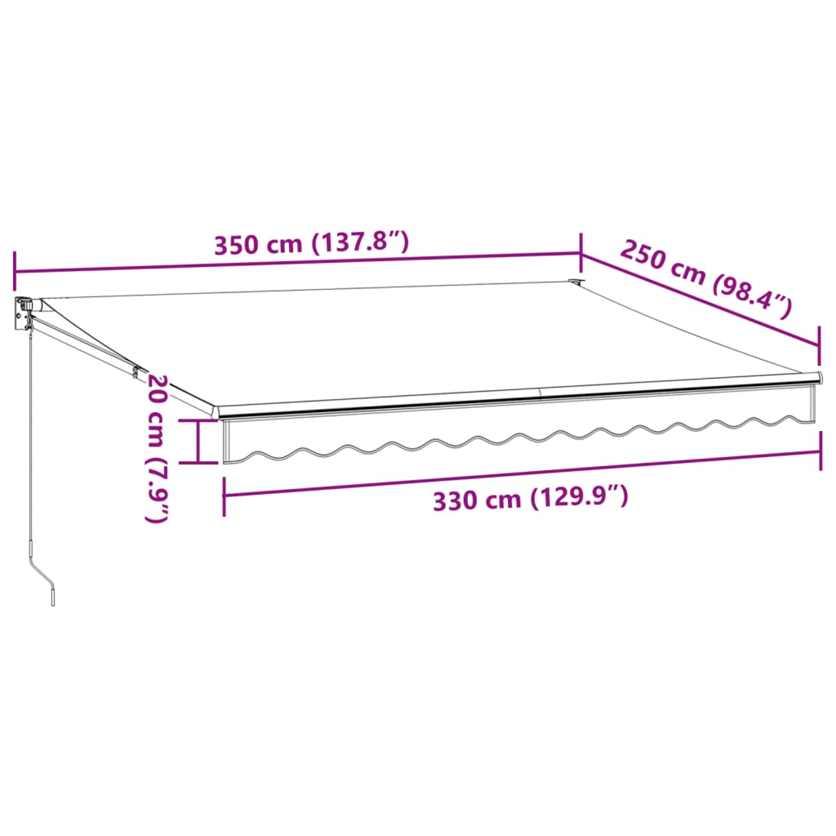 Tendalino con dimensioni: 350 cm (larghezza), 250 cm (sporgenza), 20 cm (altezza).