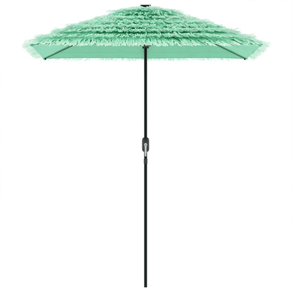 Un ombrello verde chiaro con frange e un palo nero.