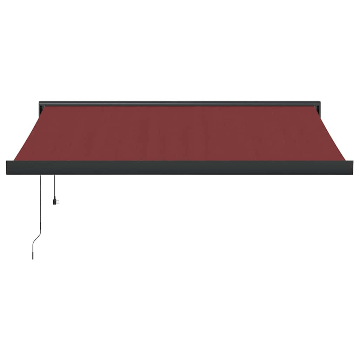 Una tenda da sole estesa rosso scuro con telaio nero e manovella.