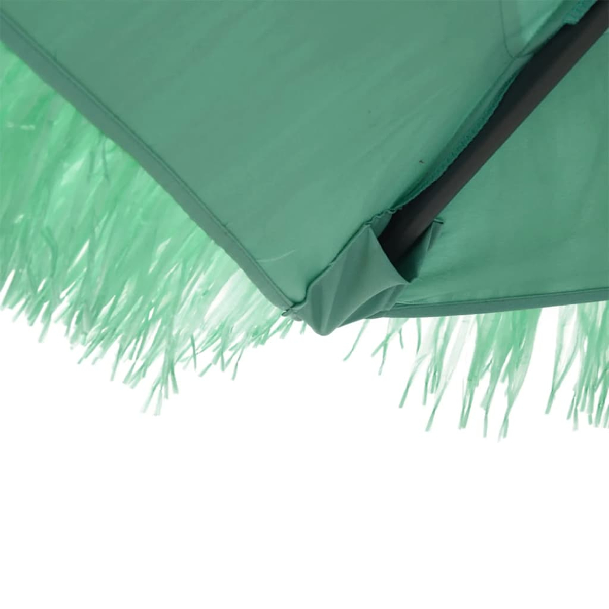 Bordo di ombrellone verde acqua con frange e palo scuro.