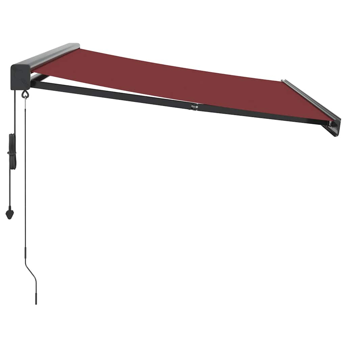 Una tenda da sole estesa rosso scuro con telaio nero e cordicella.