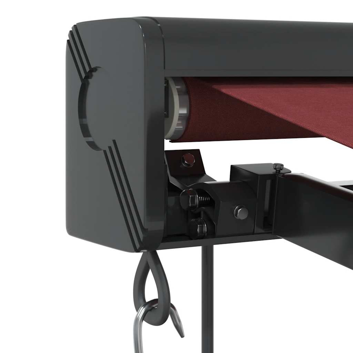 Alloggiamento grigio scuro per tenda da sole con tessuto rosso e gancio.