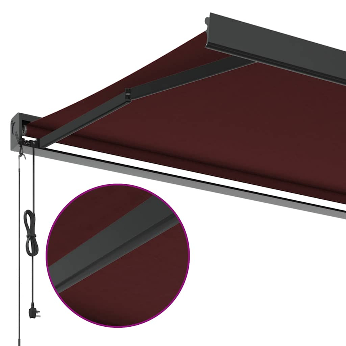 Una tenda da sole rosso scuro con telaio in metallo nero, sfondo bianco.