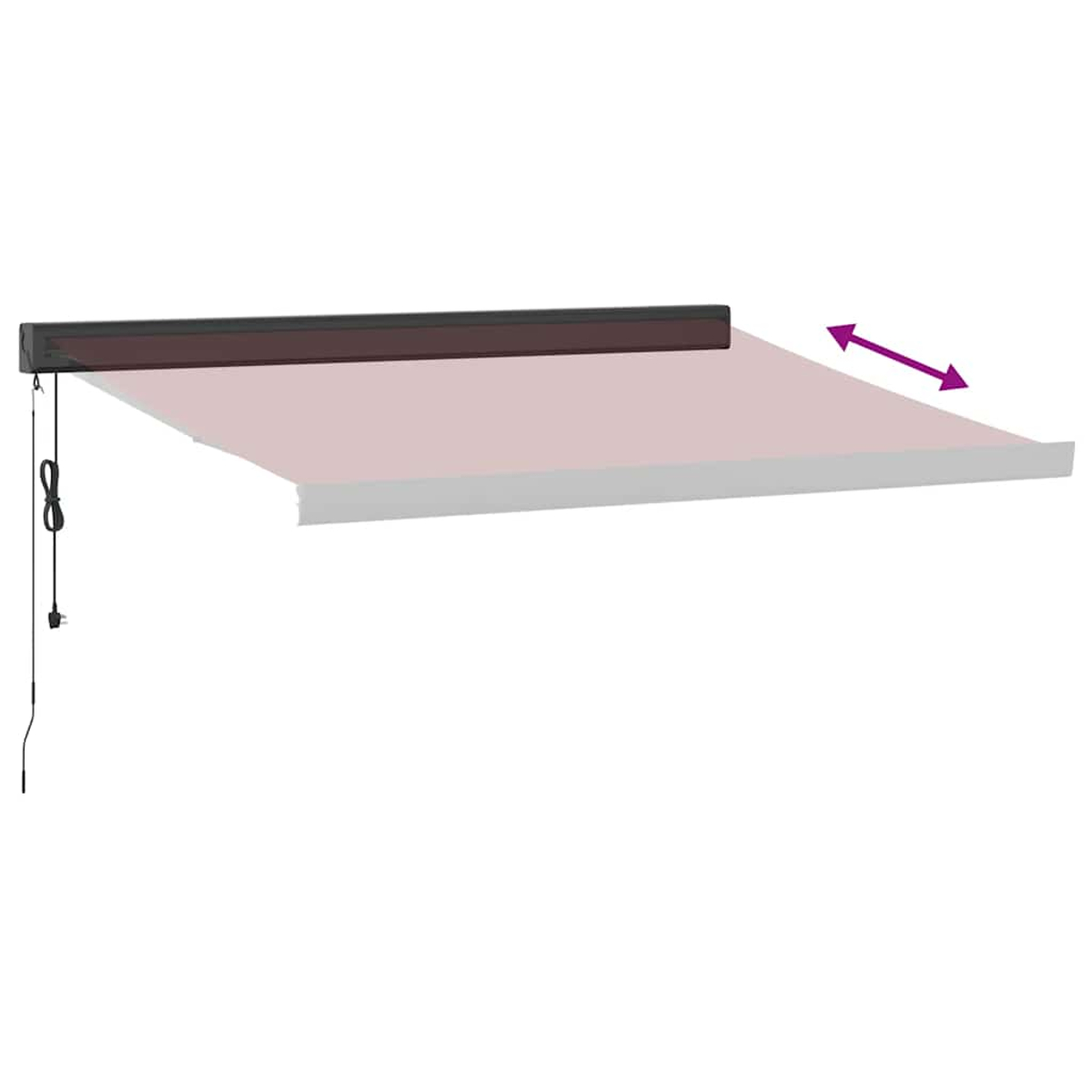 Una tenda da sole estesa con alloggiamento scuro e tessuto rosa chiaro.