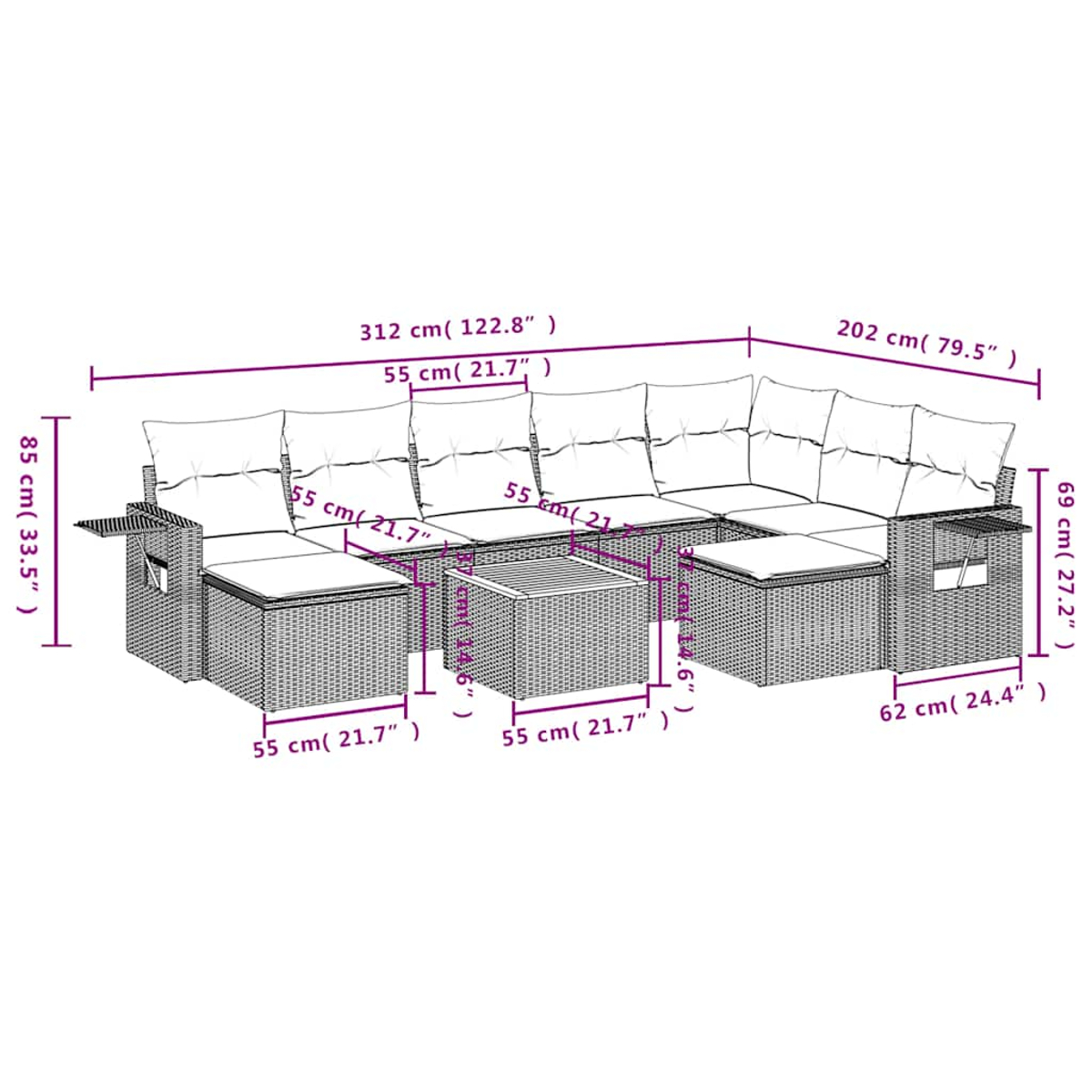 Graues Rattan-Loungeset mit weißen Kissen, Maße sind angegeben.