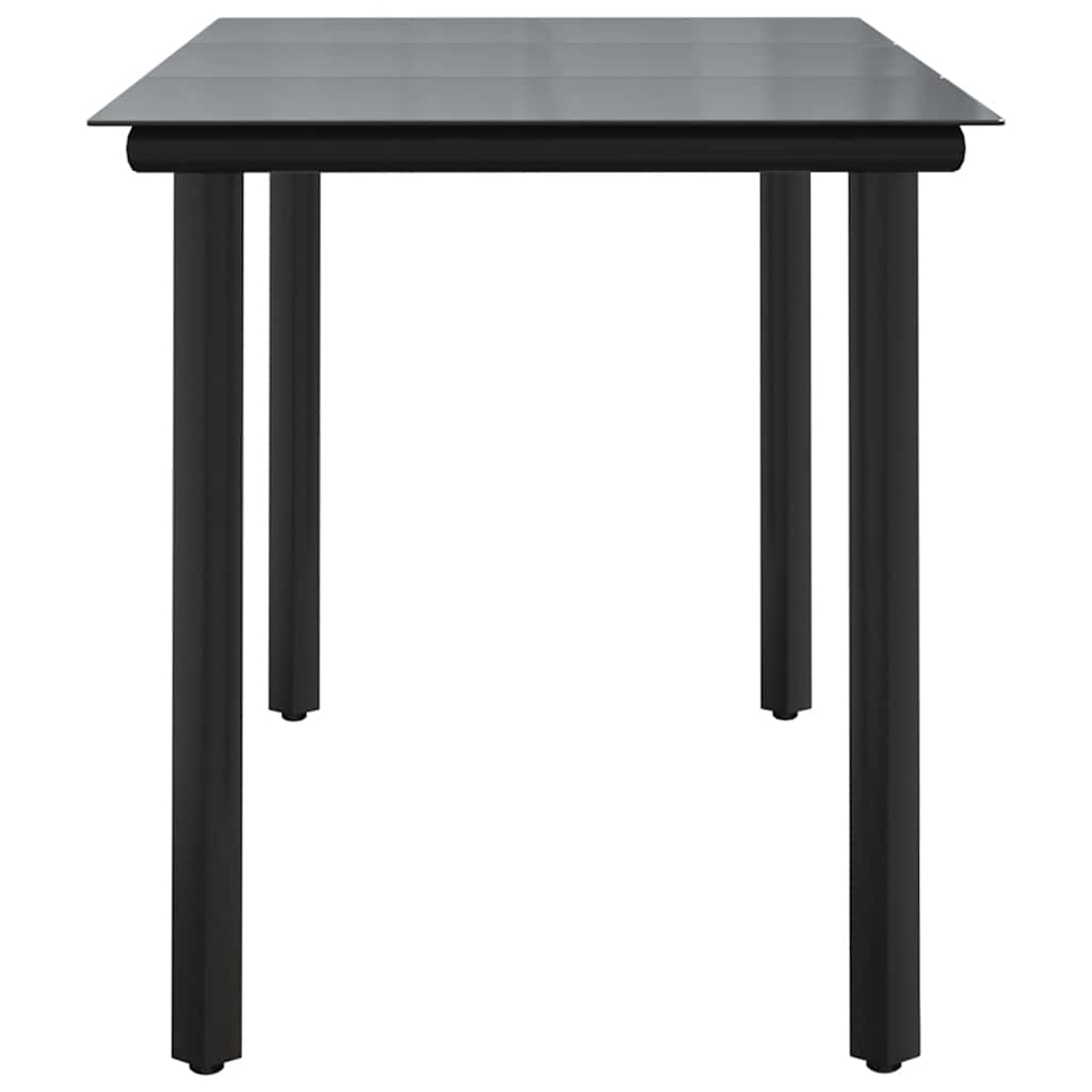 Ein rechteckiger Tisch mit schwarzem Metallgestell und Glasplatte.