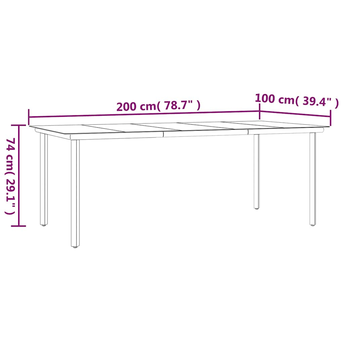 Ein rechteckiger Tisch mit vier Beinen, Maße 200 x 100 x 74 cm.