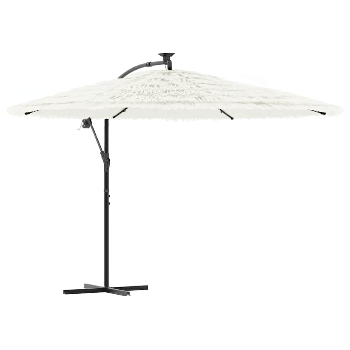 Un ombrellone bianco con frange e supporto in metallo nero.