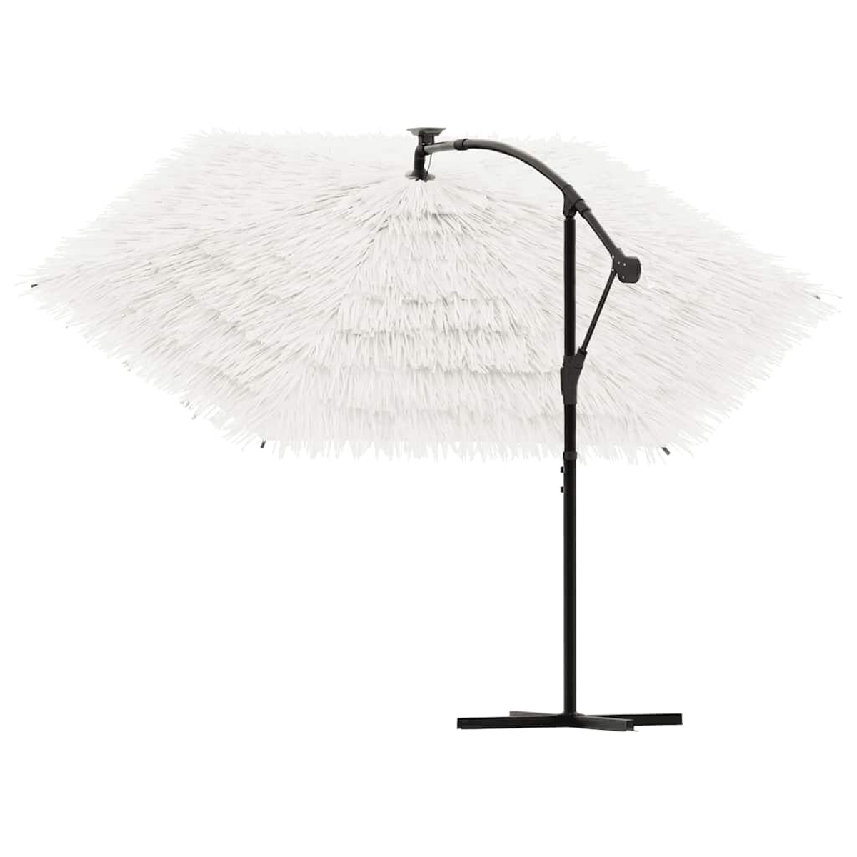 Un parasole bianco con frange si erge su base e palo neri.
