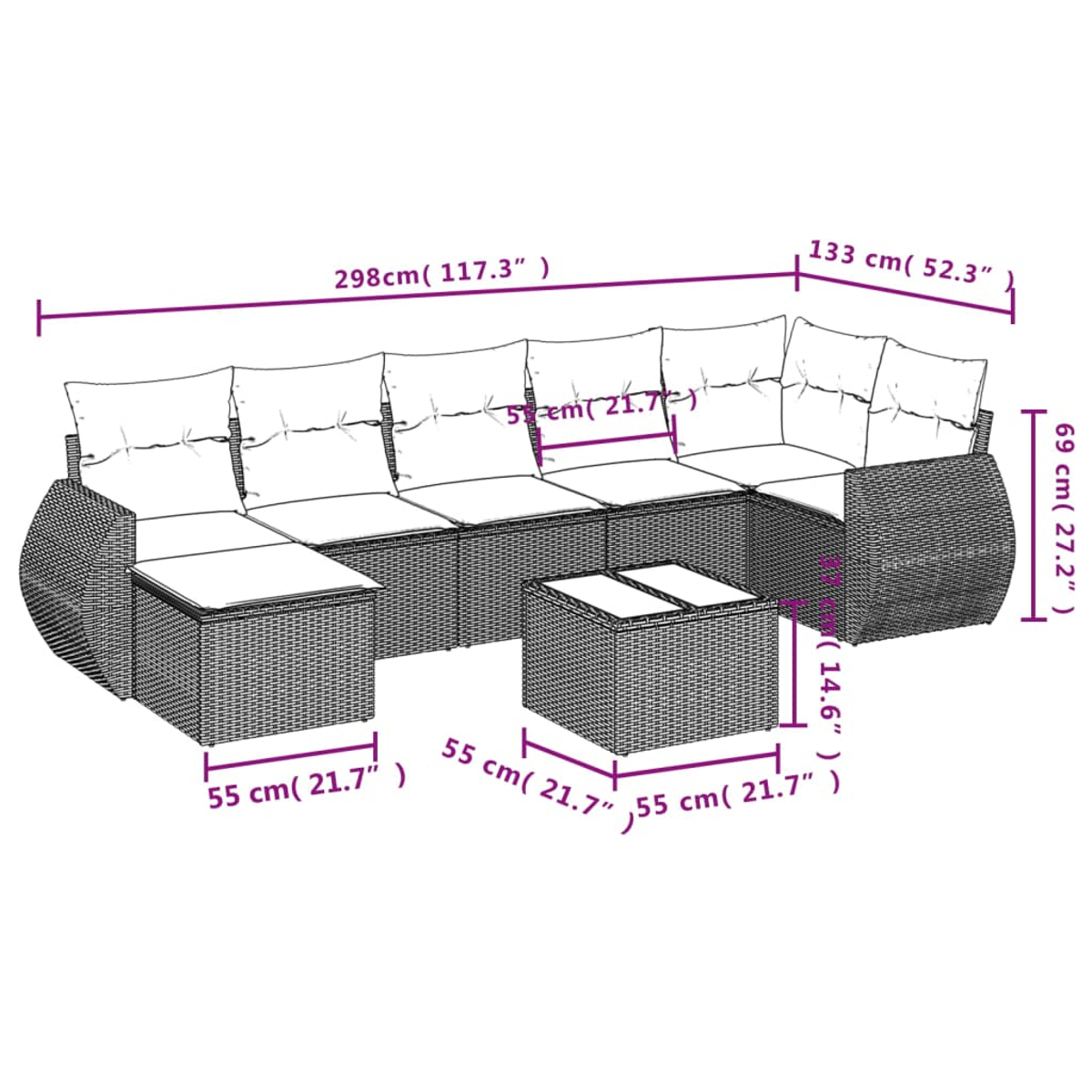 Geflecht-Lounge-Set mit weißen Kissen und Maßangaben.