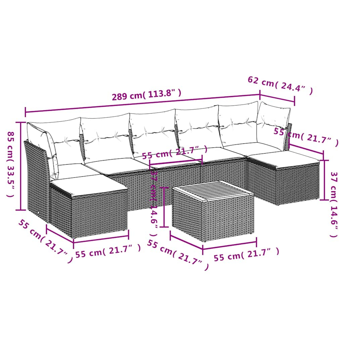 Braune Rattan-Lounge-Möbel mit weißen Kissen und Tisch. Maße sind angegeben.