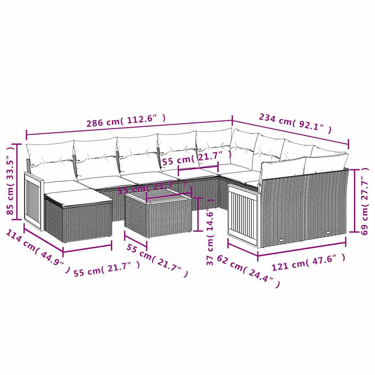 Graues Rattan-Sofaset mit Tisch und Maßen.