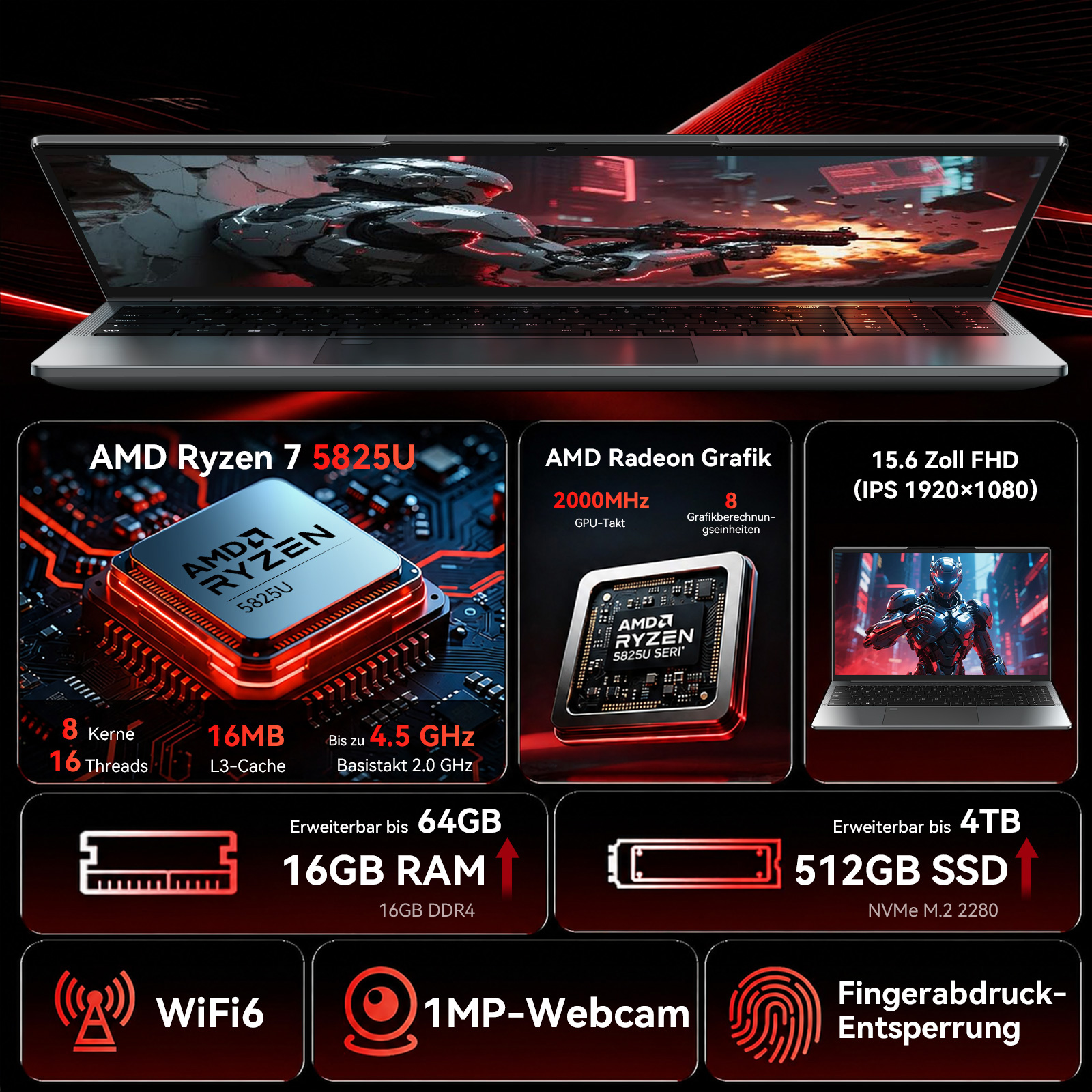 Laptop mit AMD Ryzen 7 5825U, 16GB RAM, 512GB SSD, 15.6 Zoll FHD.