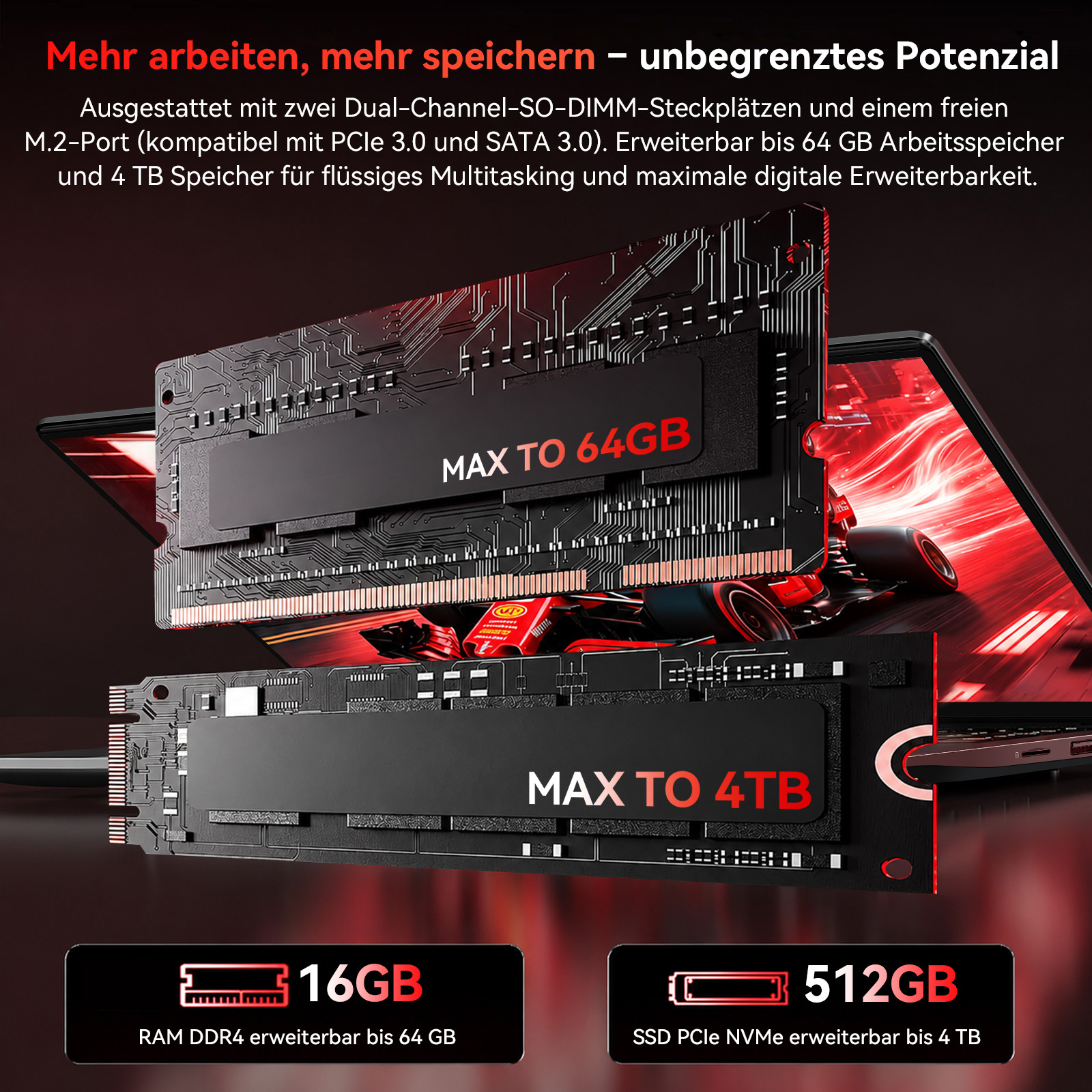 Ein RAM-Modul und eine SSD mit roten Akzenten, die für einen Laptop werben.