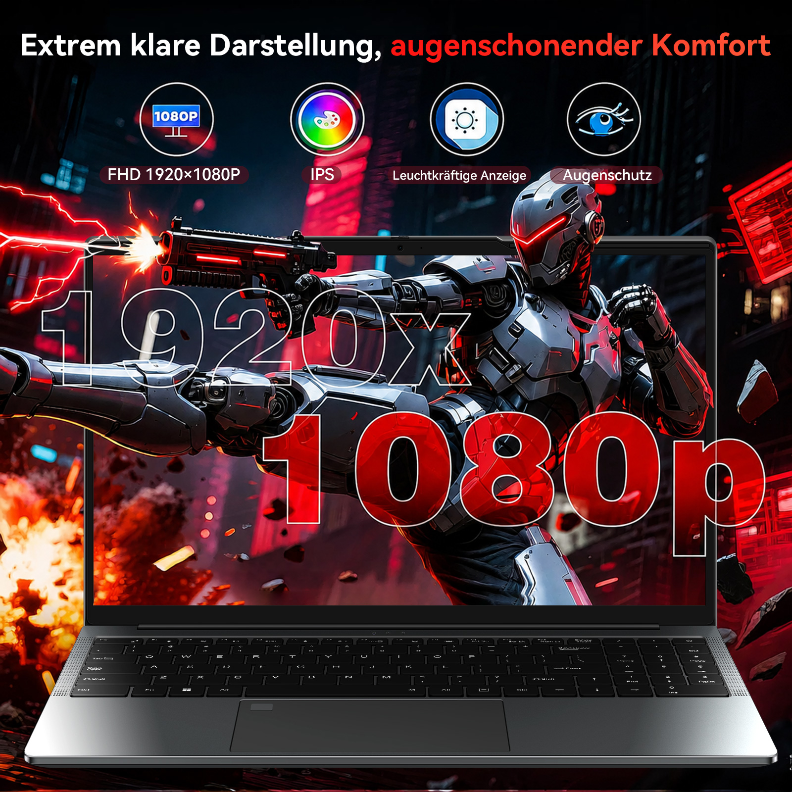 Ein Laptop zeigt einen futuristischen Cyborg mit Waffe. 1920x1080.