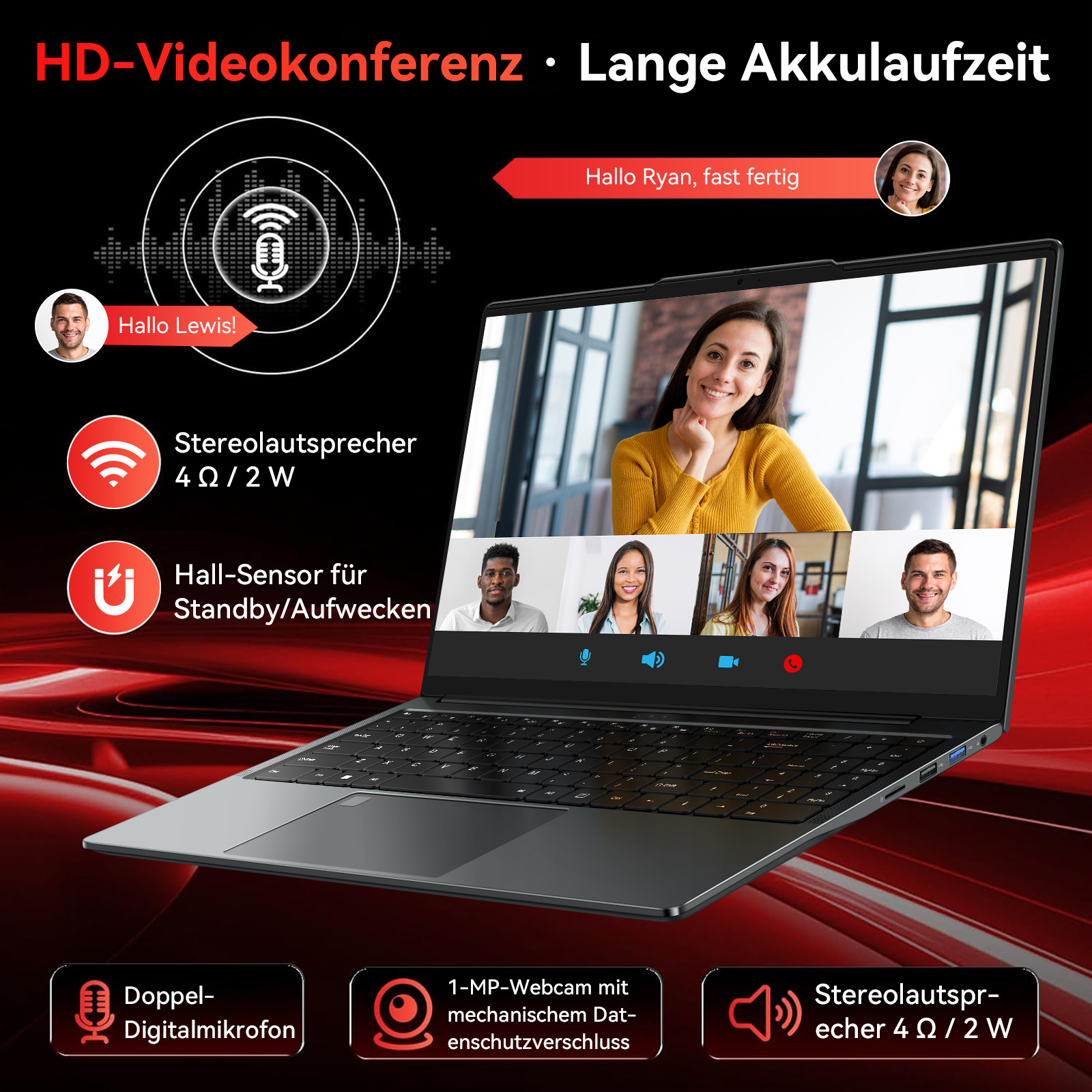 Laptop mit Videokonferenz: vier Personen im Bild, Lautsprecher, Mikrofon.