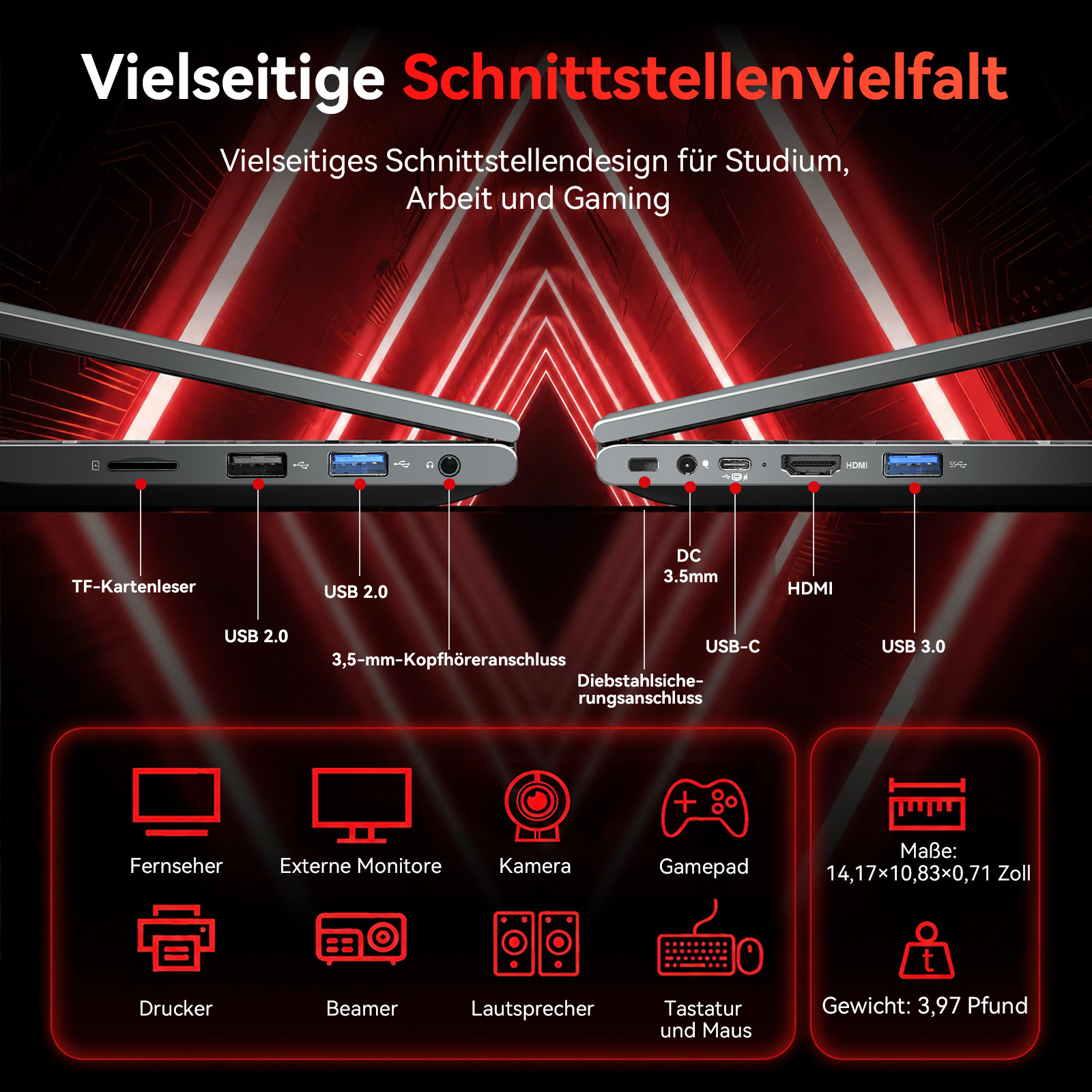 Laptops mit vielfältigen Anschlüssen und Symbolen für verschiedene Geräte wie Fernseher und Drucker.