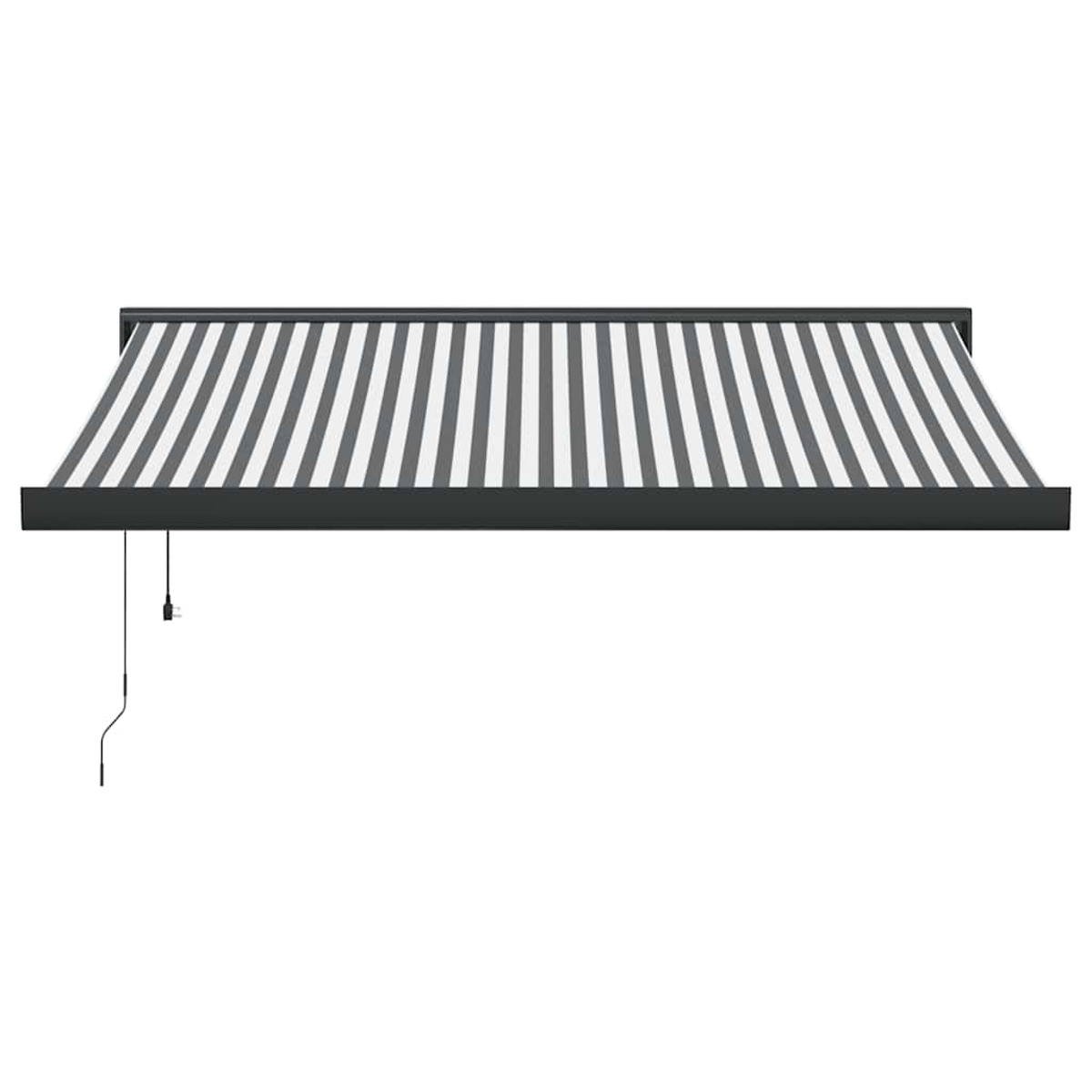 Una tenda da sole estesa con strisce grigie e bianche, telaio nero e cavo.