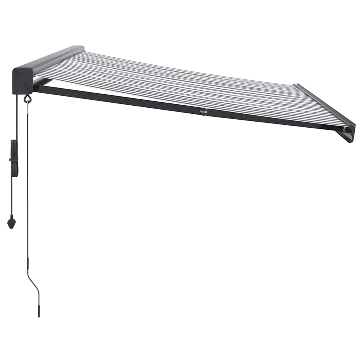 Tenda da sole estesa con strisce grigie e bianche e corda nera.