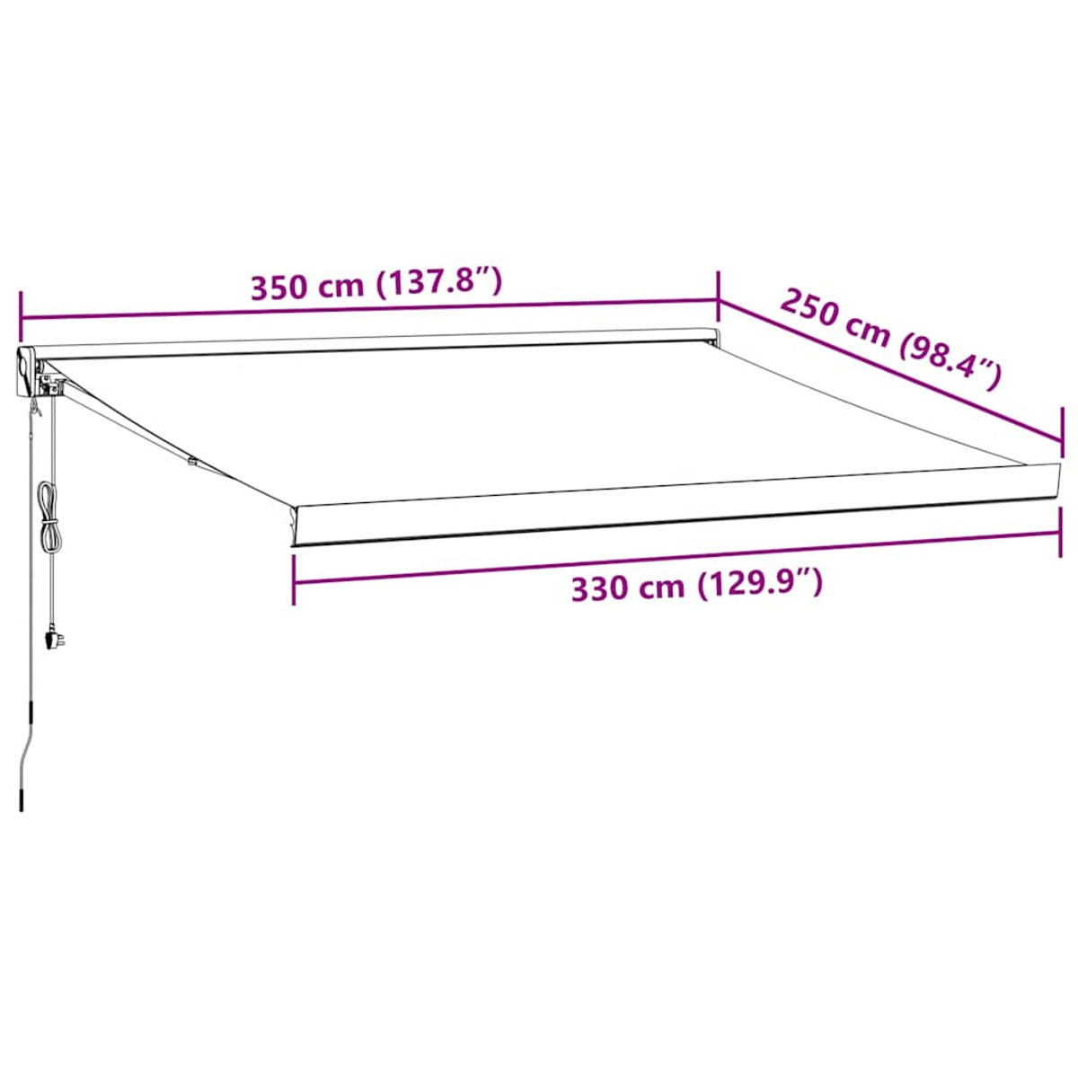 Tendalino con dimensioni: 350x250 cm, sporgenza 330 cm.