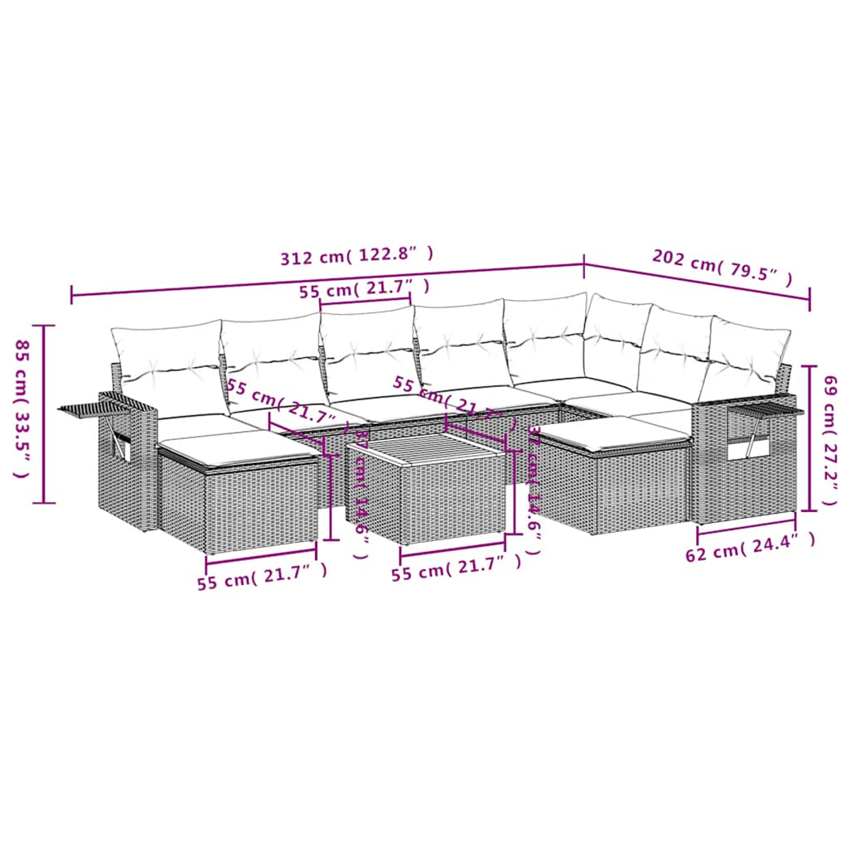 Geflochtenes Lounge-Set mit weißen Kissen und Maßen.