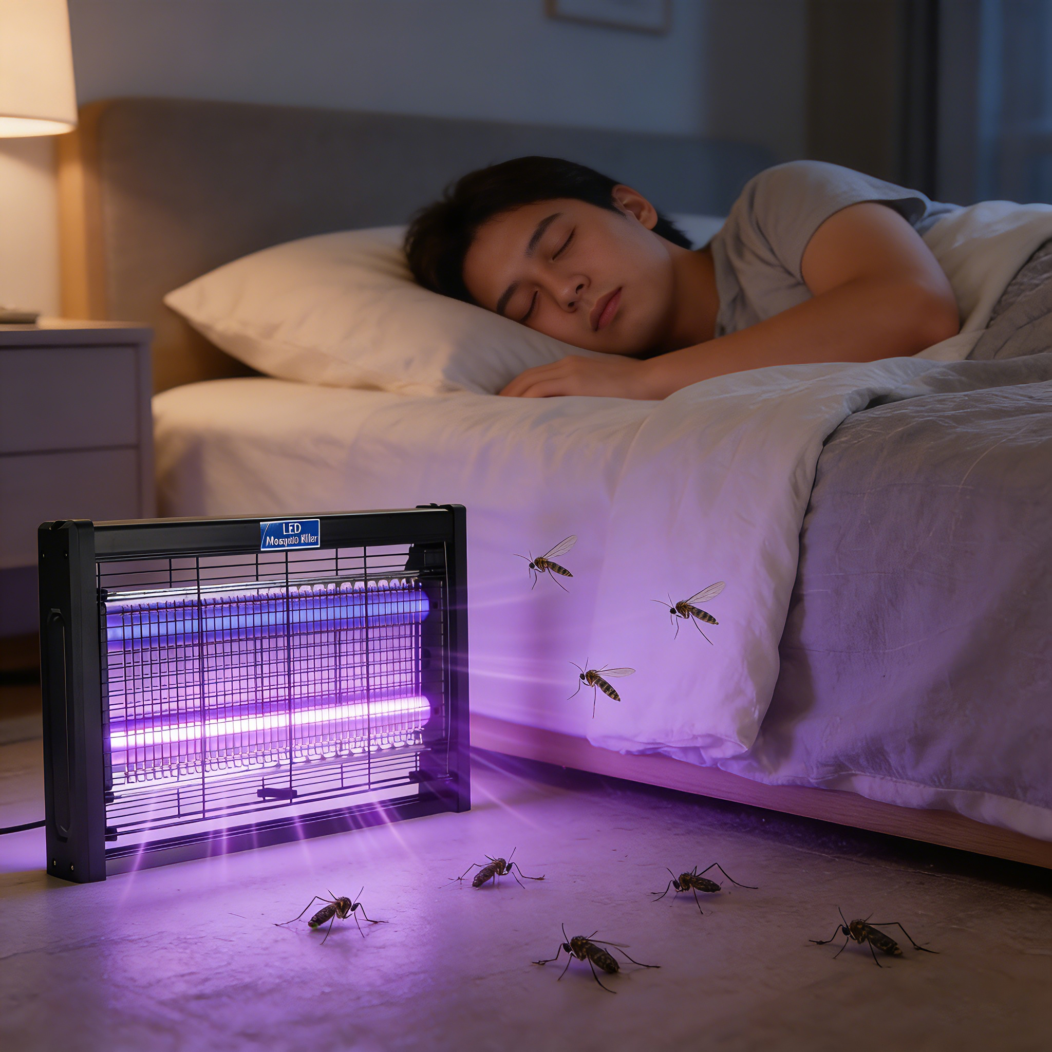 Ein Mann schläft im Bett, während ein Mückenvernichter mit UV-Licht Moskitos anzieht.