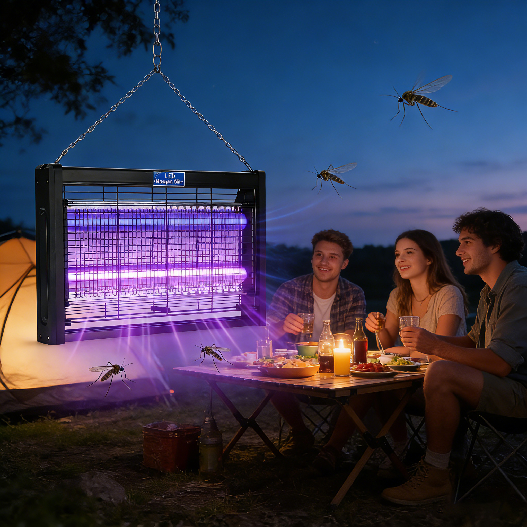 Leute campen bei Nacht mit einem Moskitolampen und Essen am Tisch.