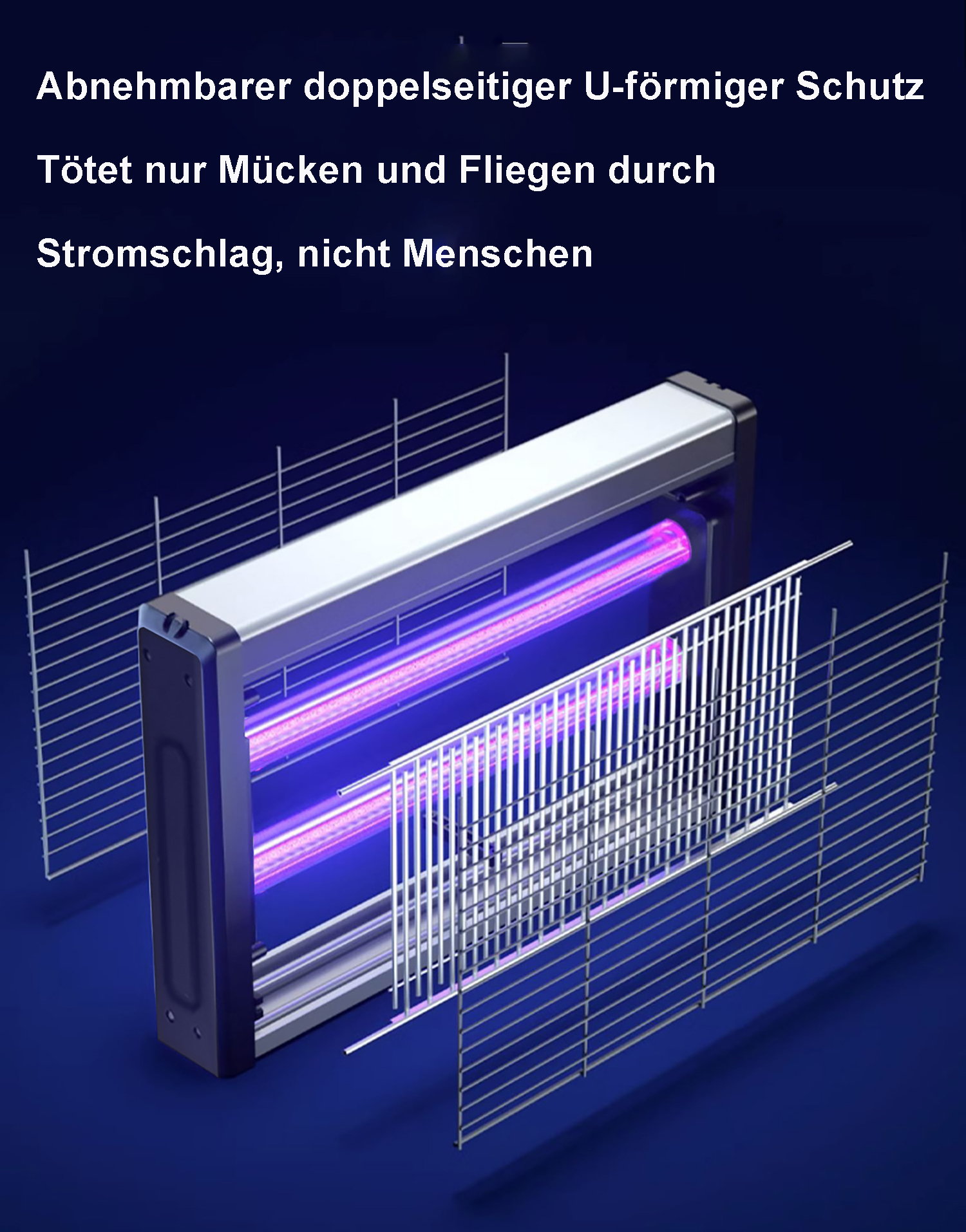 U-förmiger Insektenvernichter mit abnehmbaren Gittern und UV-Licht.