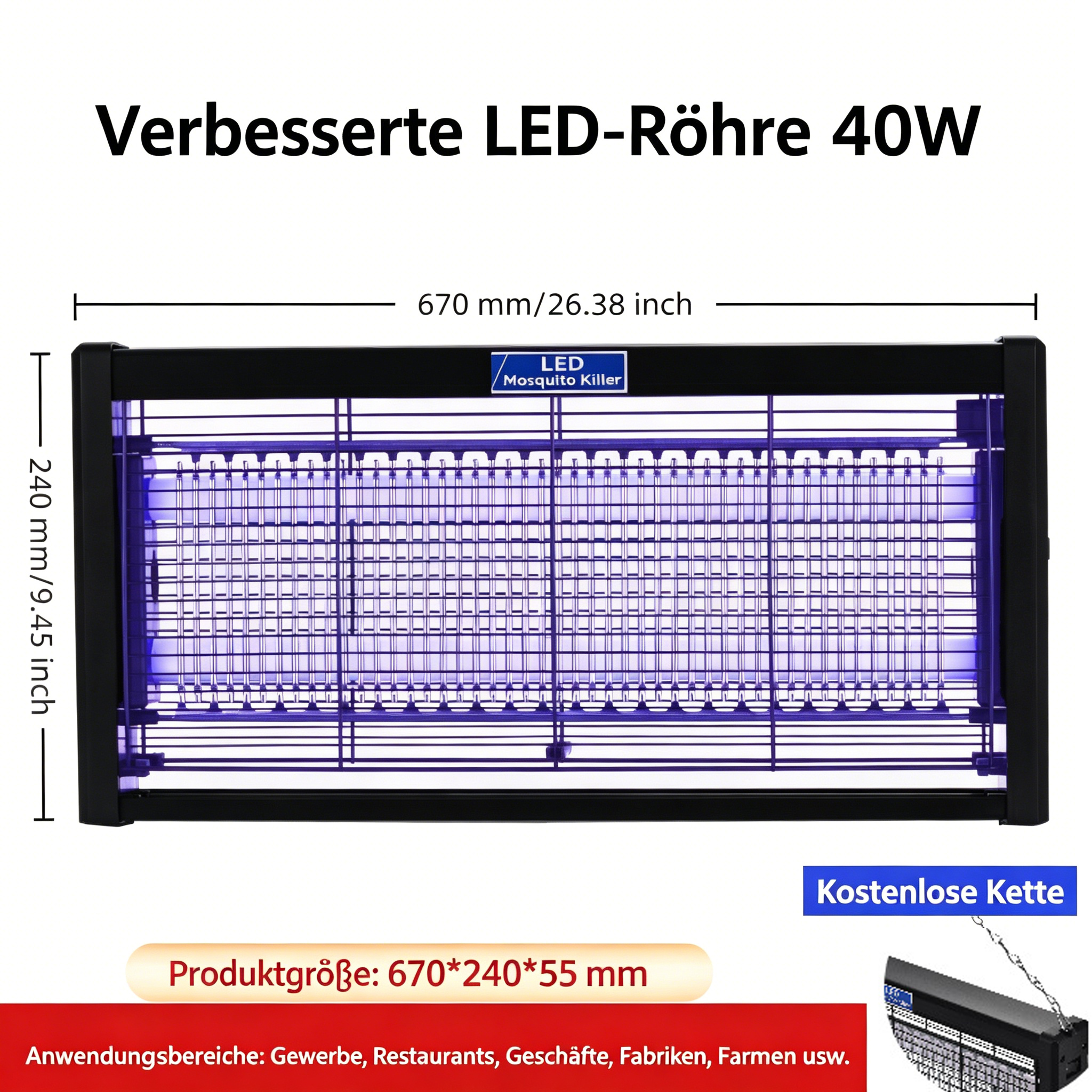 Schwarzer LED-Insektenvernichter, 670mm breit, 240mm hoch, mit blauen UV-Röhren.
