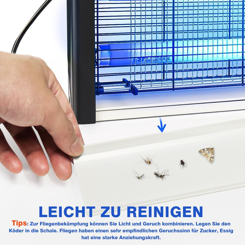 Elektrische Fliegenfalle mit einer Schublade voller toter Insekten.